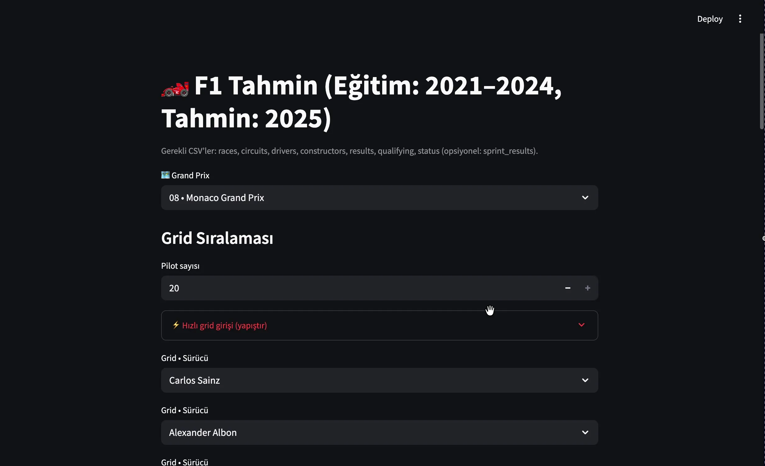 The prediction application open on the Monaco Grand Prix, showing the training and prediction seasons it derived from the data and the start of the driver grid.