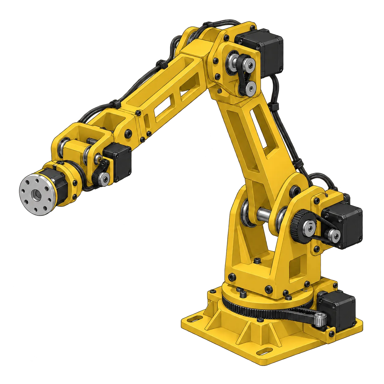 Concept illustration of a planned five-axis robot arm with graphite ribbed links and yellow covers, a rotating base, shoulder and elbow joints, and a compact tool flange at the wrist.