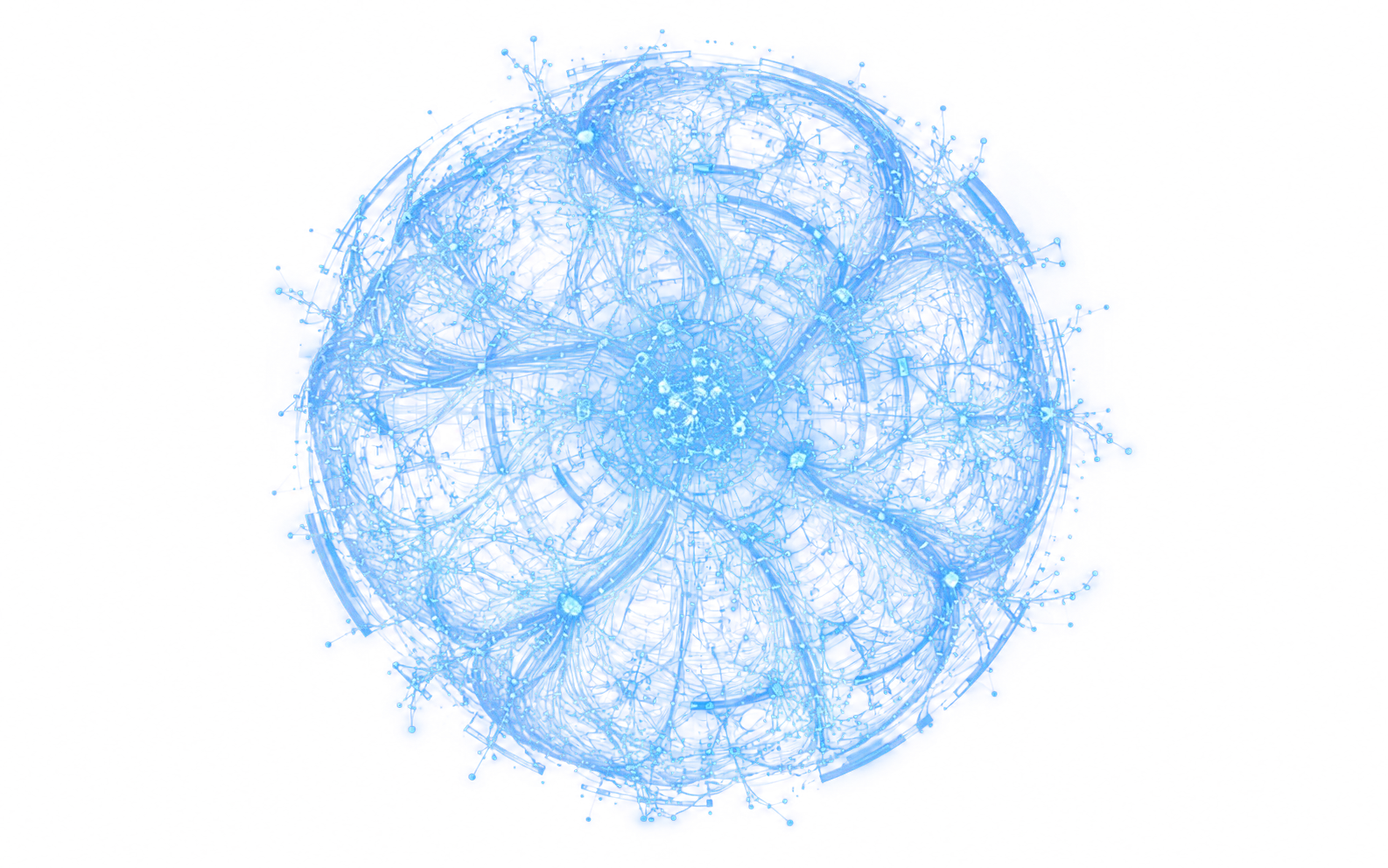 Concept illustration of an abstract pale-blue computational sphere formed from layered filaments, connected nodes and branching arcs on a transparent ground.