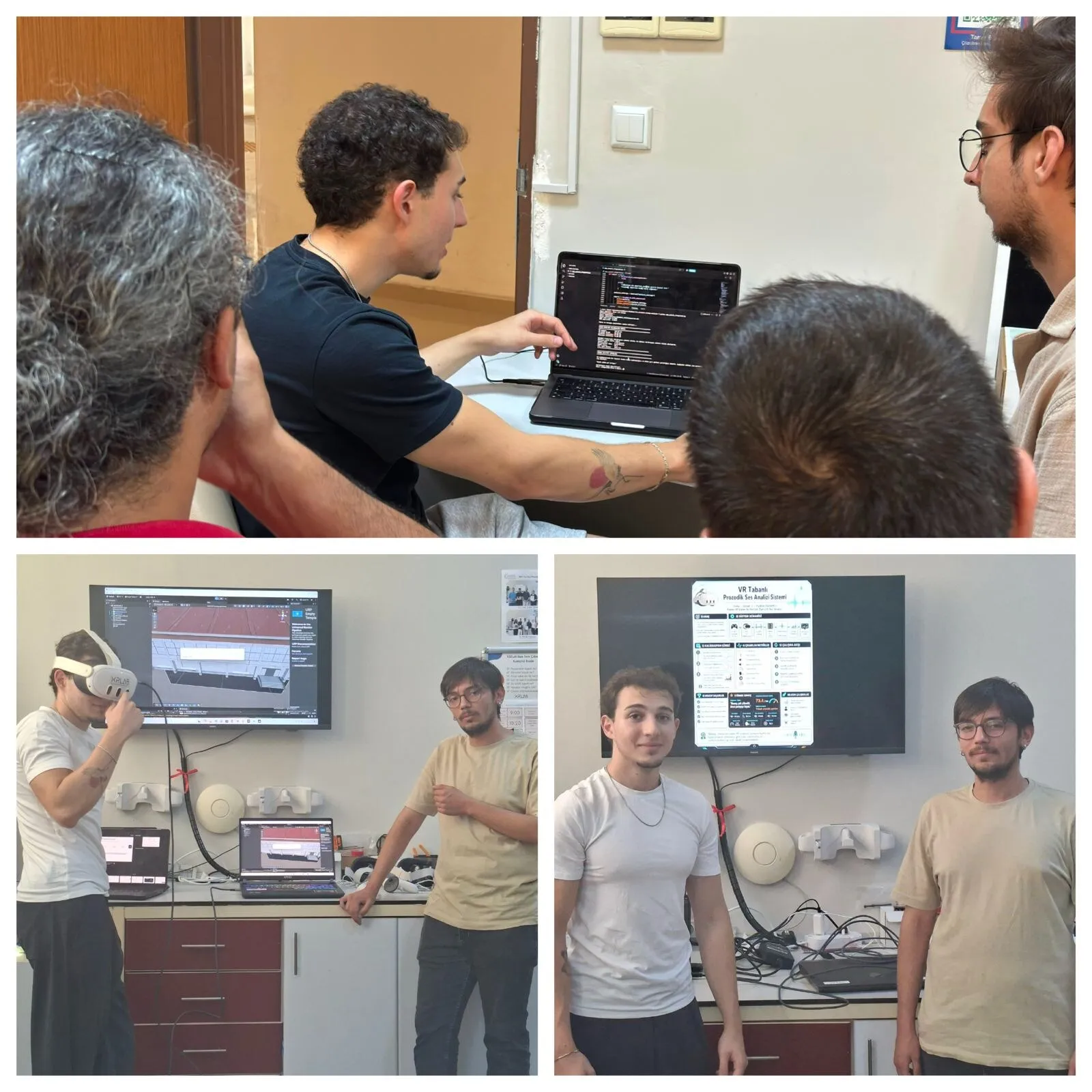 Three photographs: working on the analysis code at a laptop, the Quest 3 headset being worn with the Unity scene on a wall display, and the project poster presented in the laboratory.