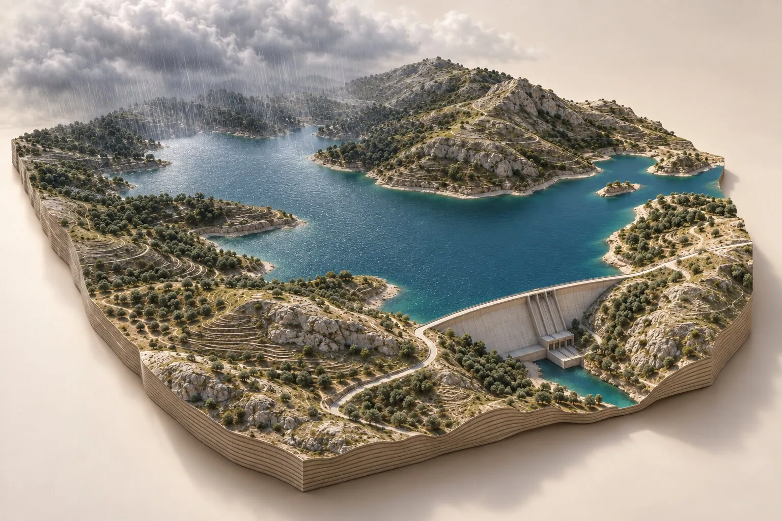 Illustration of rain falling across a green catchment basin feeding a reservoir behind a dam wall.