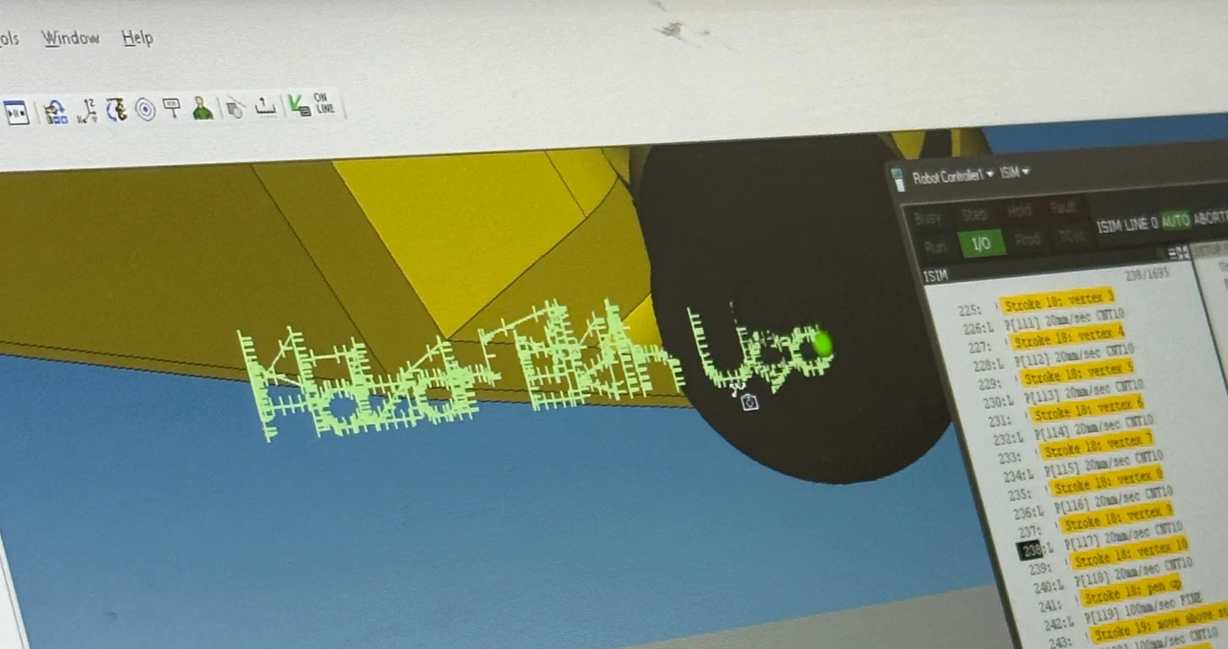 A laptop screen showing the RoboGuide 3D view beside the teach pendant program list, where lines read Stroke 18 vertex 3, P[111] 20mm/sec CNT10, Stroke 18 pen up and P[119] 100mm/sec FINE.