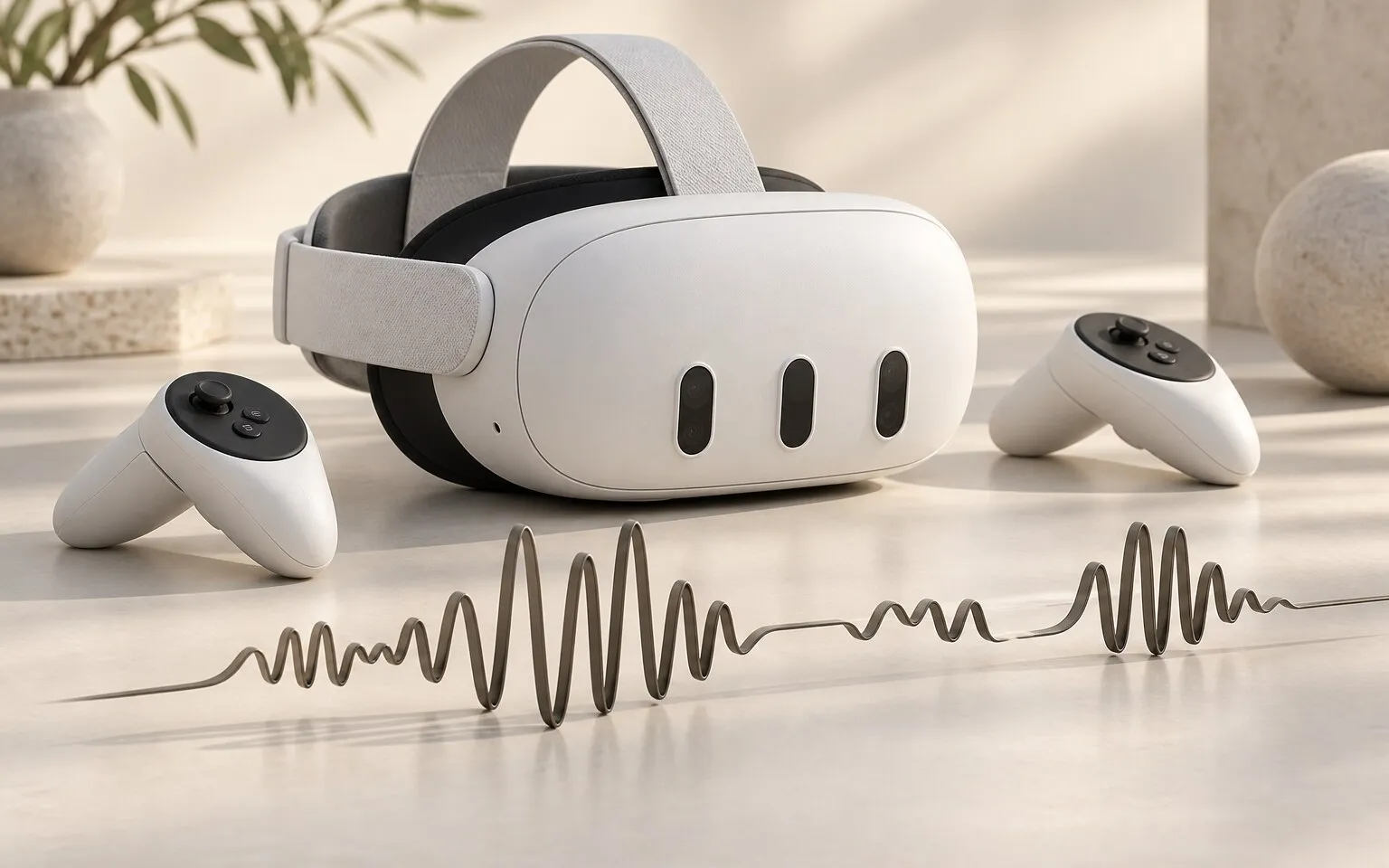 Concept illustration. A VR headset and two hand controllers resting on a pale surface, with a speech waveform running across the foreground.